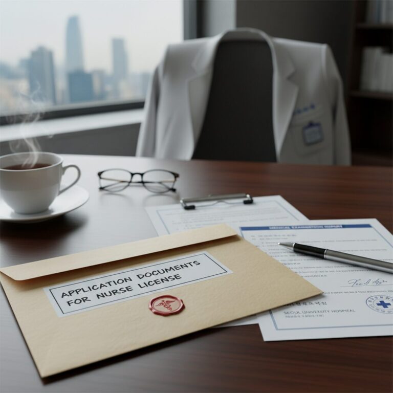 간호사 면허 발급을 위해 준비한 서류 봉투와 의사진단서