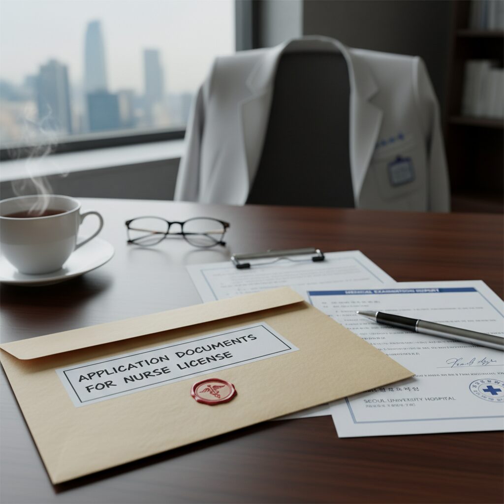 간호사 면허 발급을 위해 준비한 서류 봉투와 의사진단서