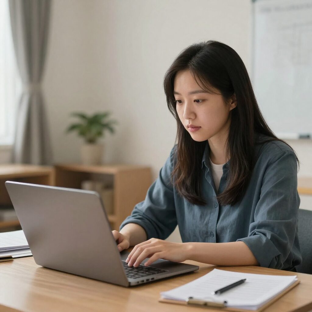 노트북으로 보육교사 온라인 강의를 수강하는 모습