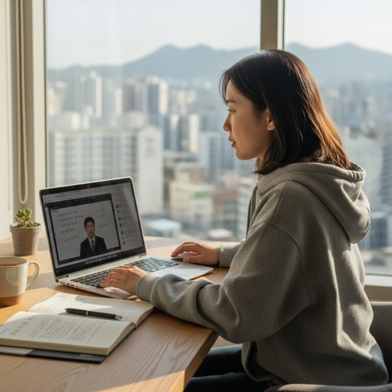 노트북으로 온라인 강의를 들으며 공부하는 모습