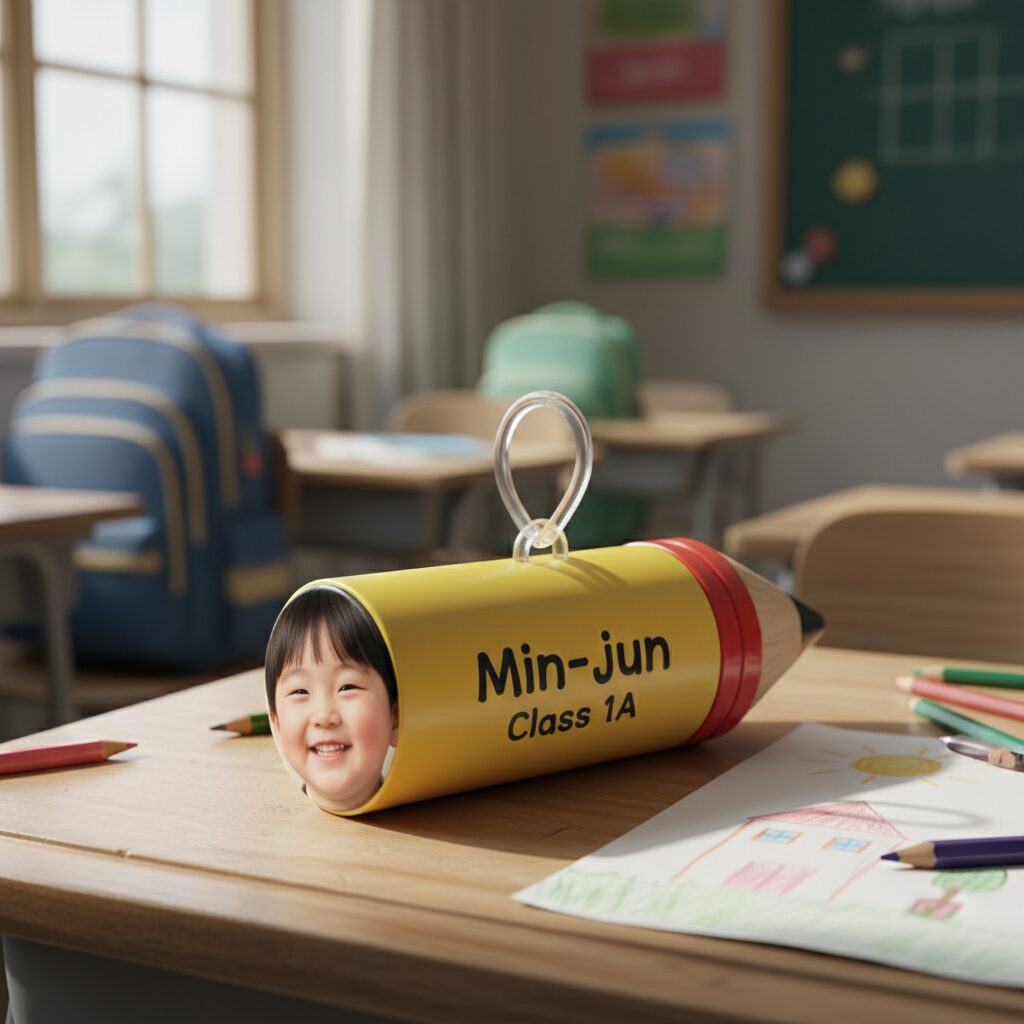 색연필 모양에 아이 얼굴이 합성된 이름표 예시