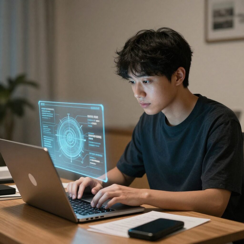 노트북으로 방사선학 관련 온라인 강의를 수강하는 모습