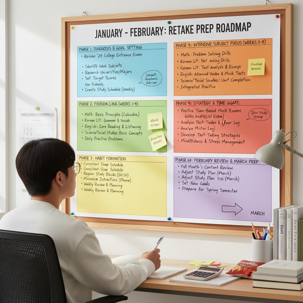 재수 준비를 위한 1월부터 2월까지의 단계별 로드맵 차트