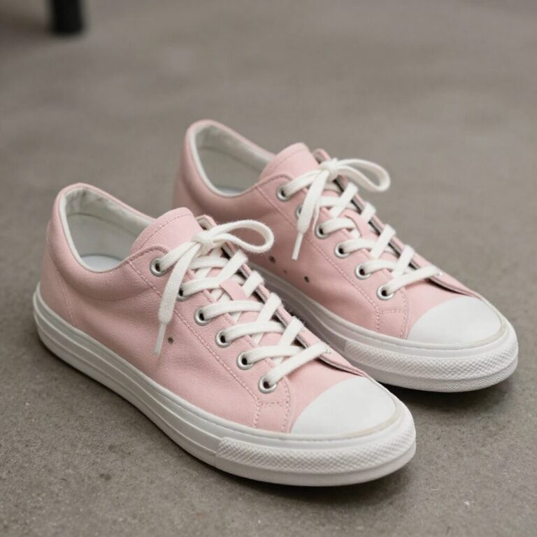 핑크 베이지색과 화이트색 블리스힐 레이스업 스니커즈가 나란히 놓여 있는 사진