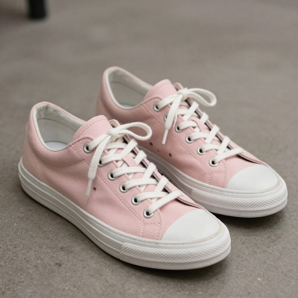 2026년 여자 봄 코디와 신상 아이템 트렌드 핑크 베이지색과 화이트색 블리스힐 레이스업 스니커즈가 나란히 놓여 있는 사진