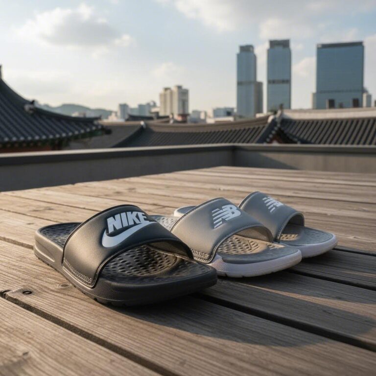 나이키와 뉴발란스 슬리퍼가 나란히 놓여 있는 모습