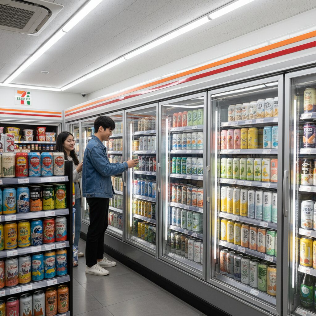 세븐일레븐 편의점에서 다양한 맥주 캔과 하이볼 캔이 진열된 모습