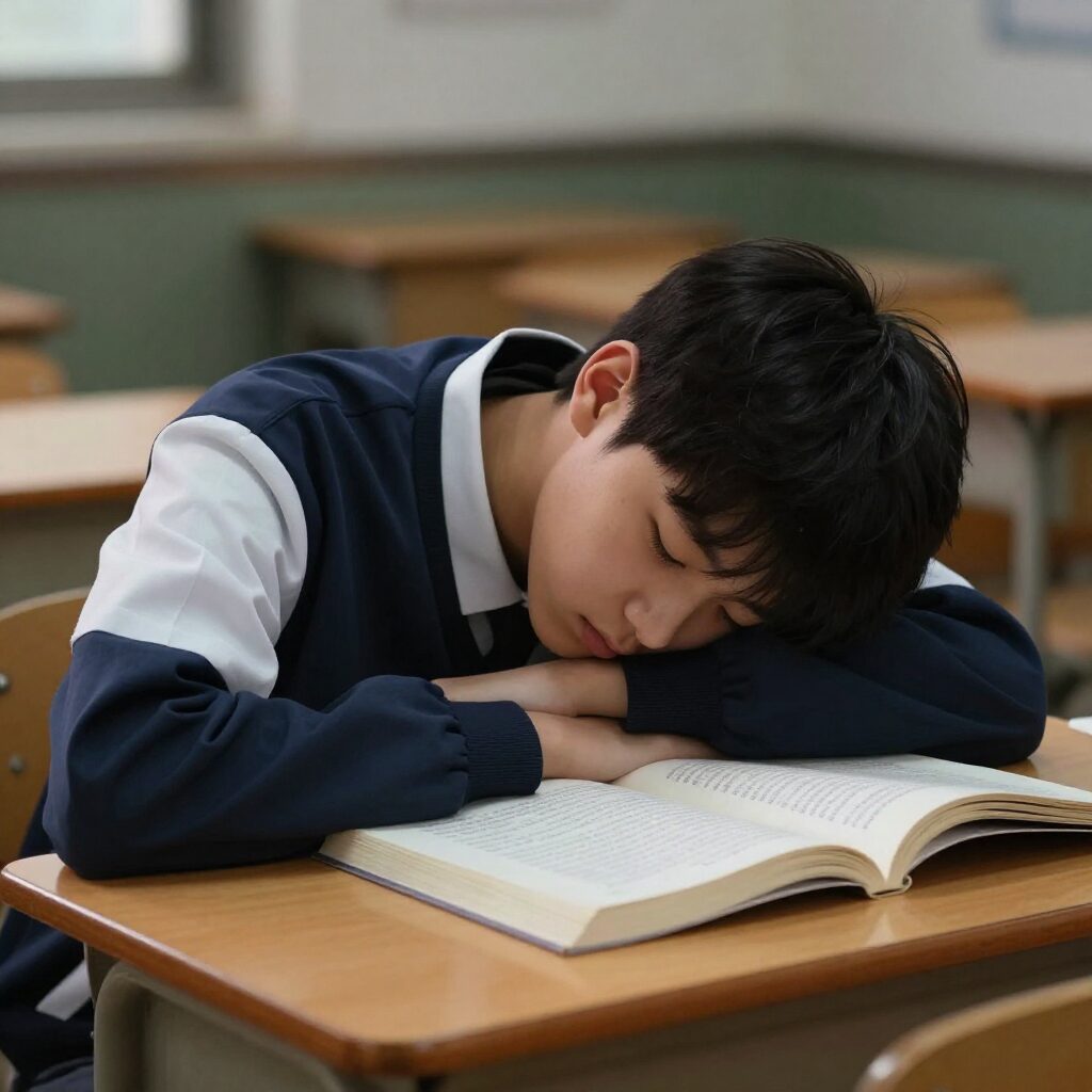 피곤해 보이는 고등학생이 책상에 엎드려 있는 모습