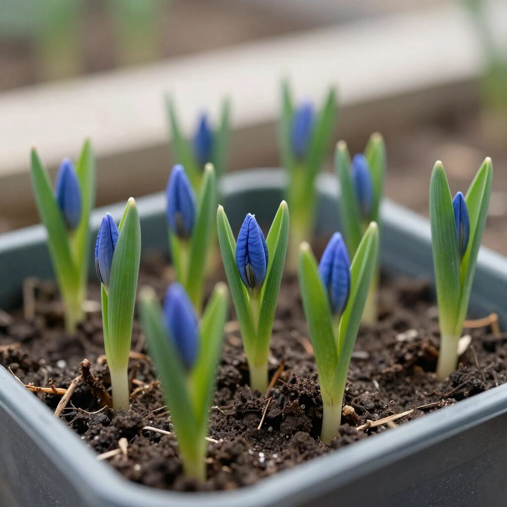 작은 화분에 자란 푸른 봄양파 모종들