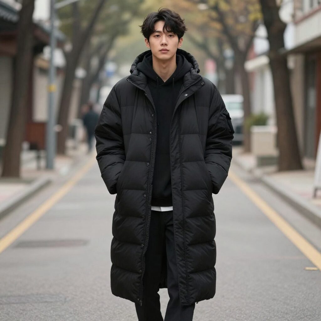 검정색 롱 퀼팅 패딩을 캐주얼하게 코디한 스타일