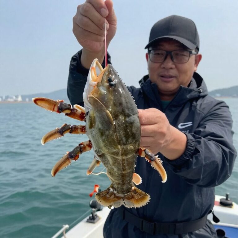 인천항에서 배를 타고 출조하는 주꾸미 낚시의 모습, 바다와 하늘의 경치가 아름답다