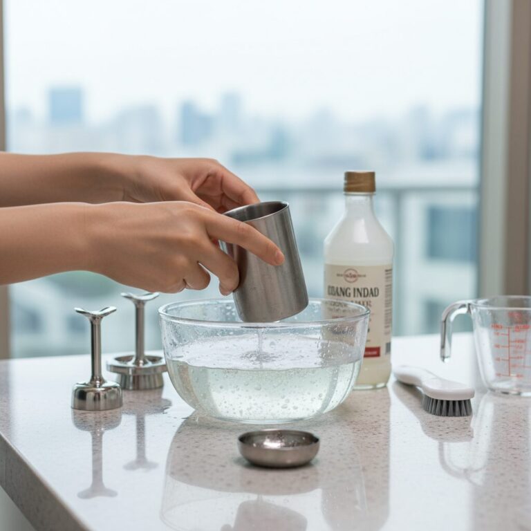 스테인레스양치컵을 식초물에 담가 세척하는 과정