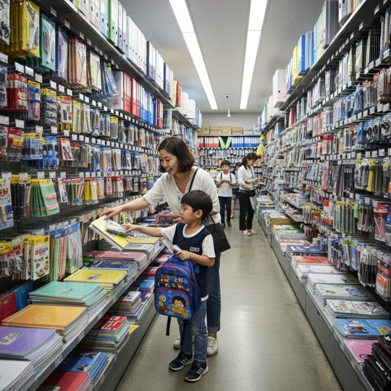 아이와 함께 대형 문구 도매점에서 신학기 문구를 고르는 모습