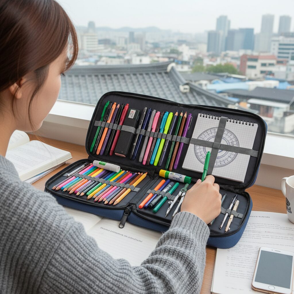 넓게 열어서 내용물을 확인할 수 있는 대용량 필통 사진