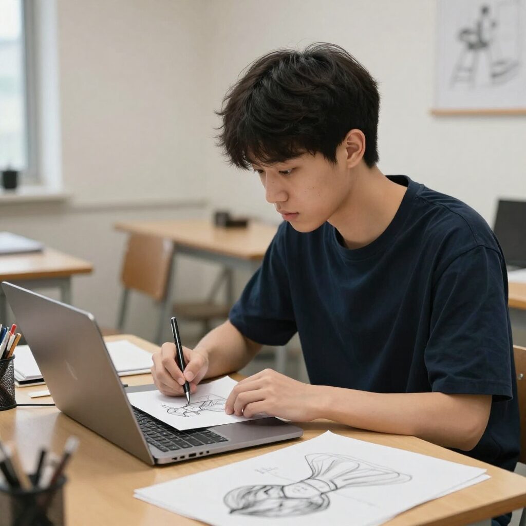 디지털 드로잉을 하는 미대생과 노트북