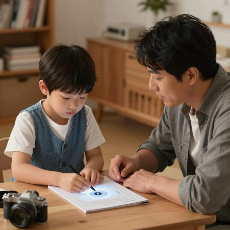 진단평가 결과를 보고 아이와 대화하는 부모