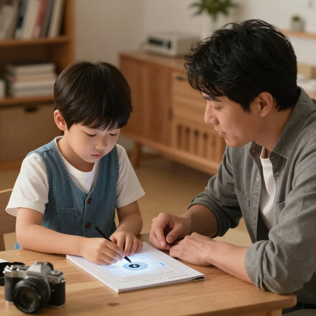 진단평가 결과를 보고 아이와 대화하는 부모