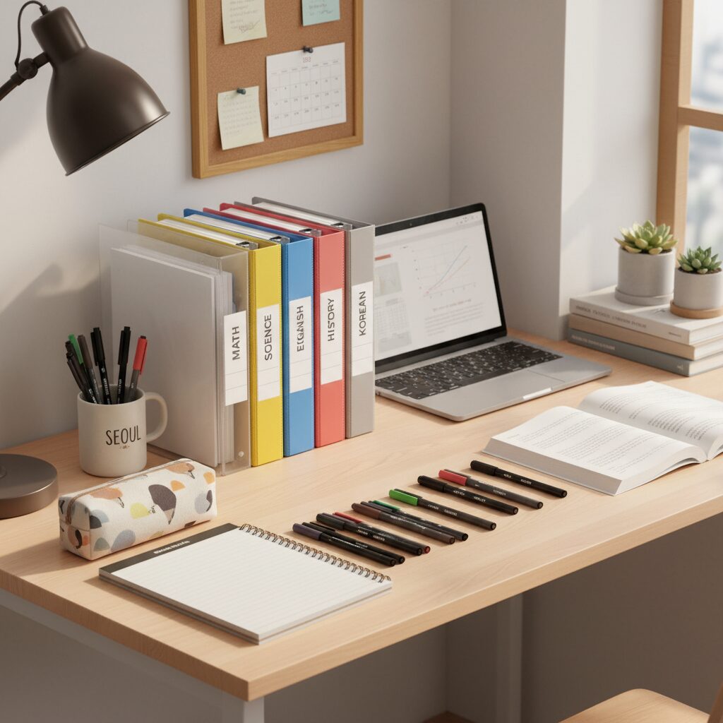 책상 위에 과목별로 정리된 클리어파일 바인더 샤프 펜 등 학용품