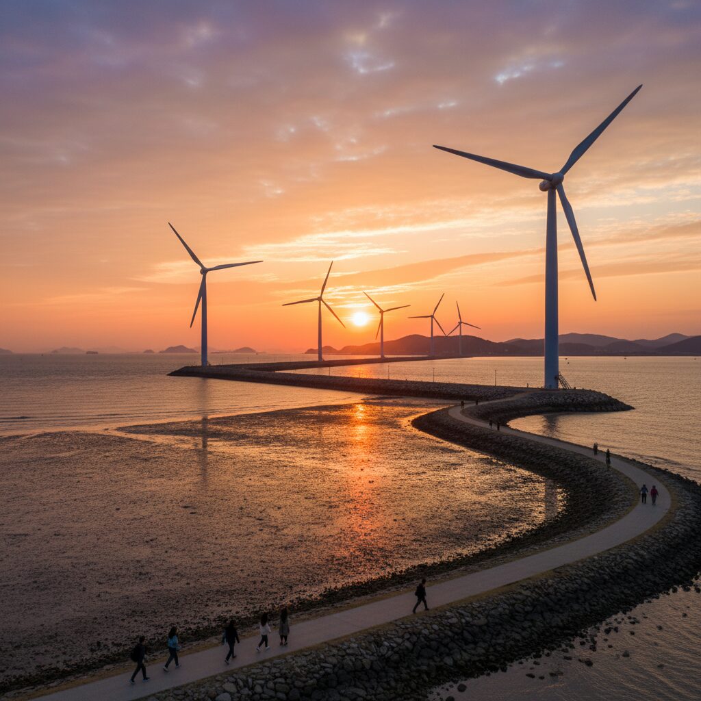 안산 탄도항에서 바라본 풍력발전기와 노을이 지는 풍경