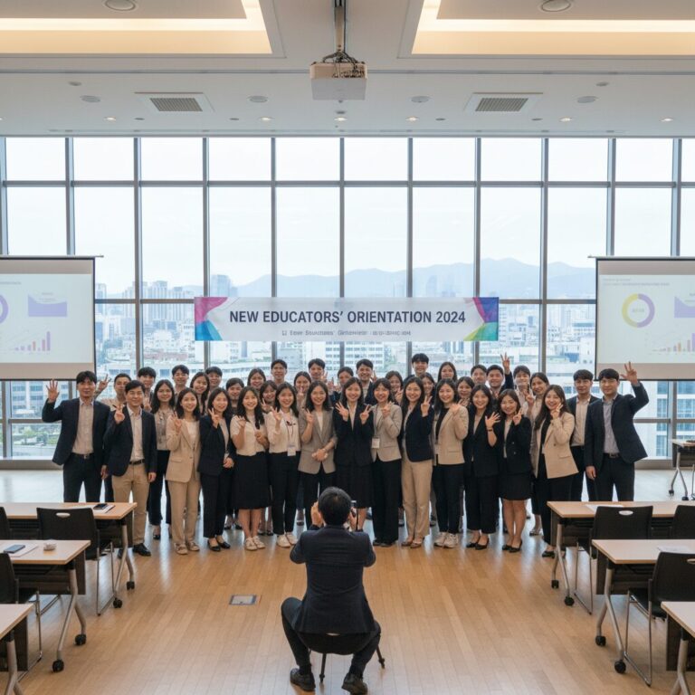신규교사들이 연수장에서 단체 사진을 찍고 있는 모습