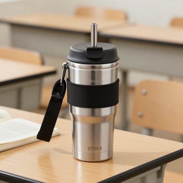 초등학생을 위한 원터치 스트랩이 달린 텀블러가 책상 위에 놓여 있음