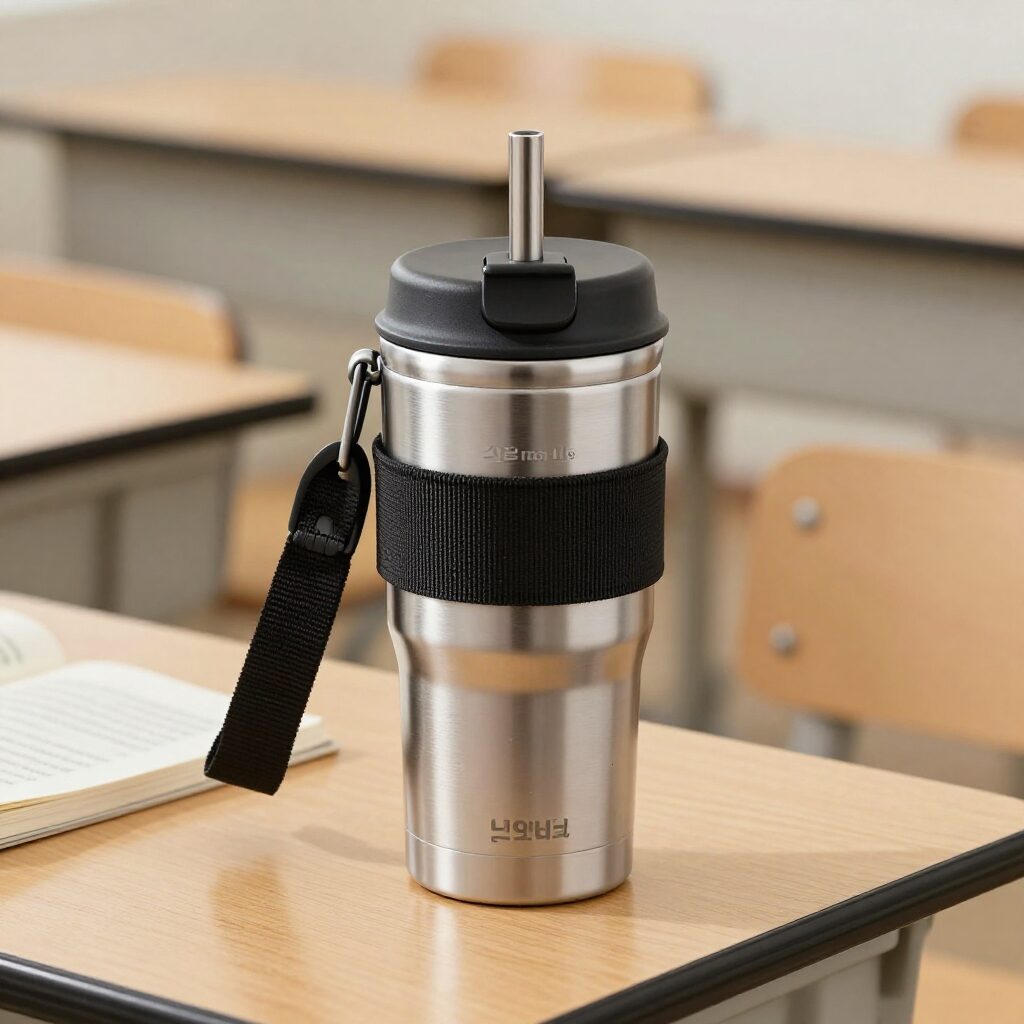 초등학생을 위한 원터치 스트랩이 달린 텀블러가 책상 위에 놓여 있음