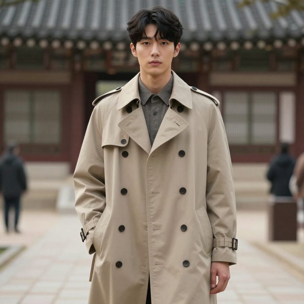 베이지색 드롭숄더 실루엣의 남성 트렌치코트를 입은 모델