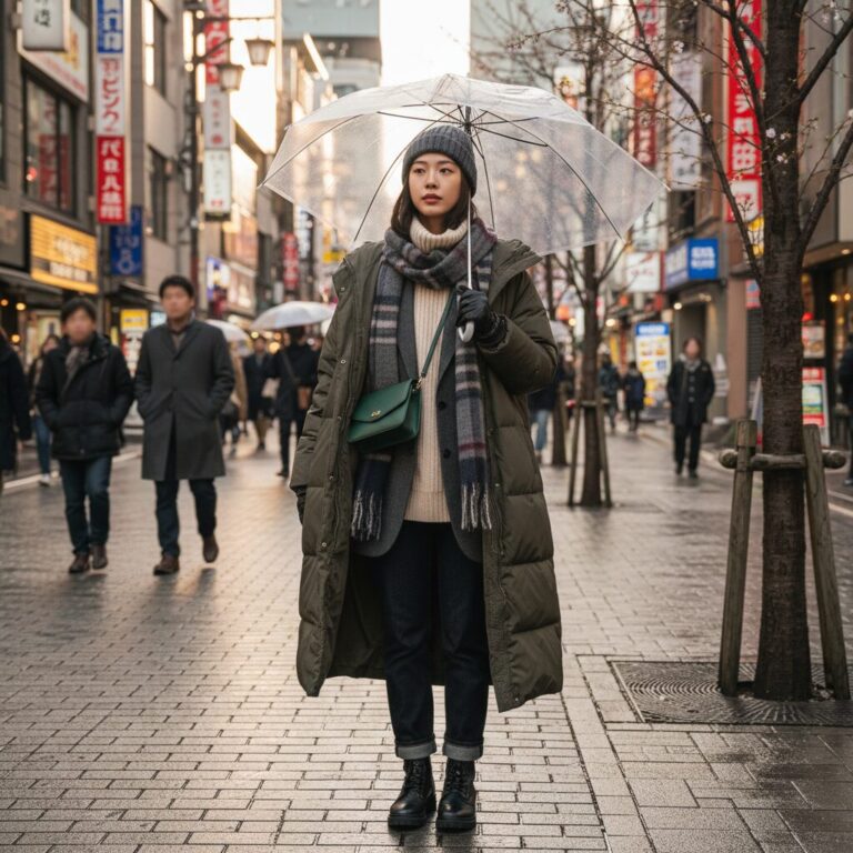 도쿄 2월 여행자를 위한 레이어드 패션 코디 예시