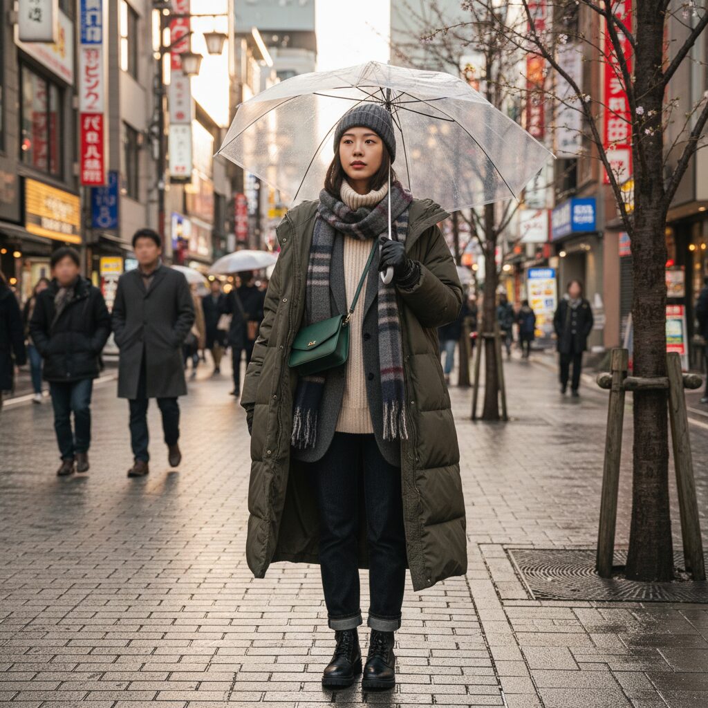 도쿄 2월 여행자를 위한 레이어드 패션 코디 예시