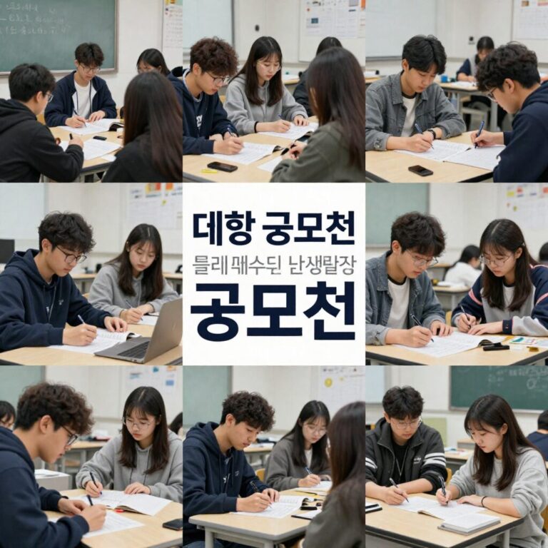 다양한 대학 공모전 포스터와 학생들이 글을 쓰는 모습이 합성된 이미지