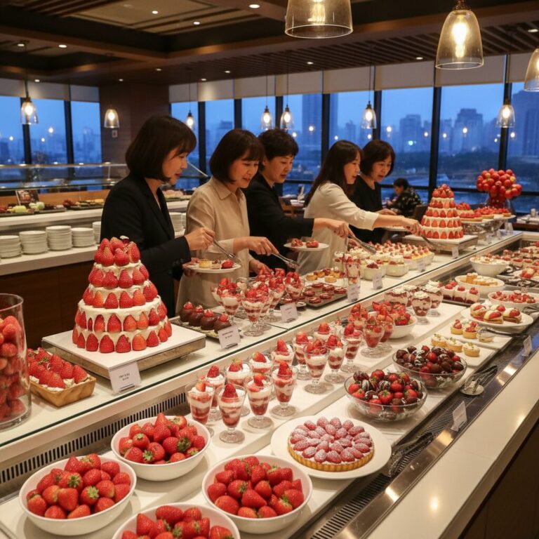 빕스 샐러드바에 진열된 다양한 두바이 딸기 디저트들