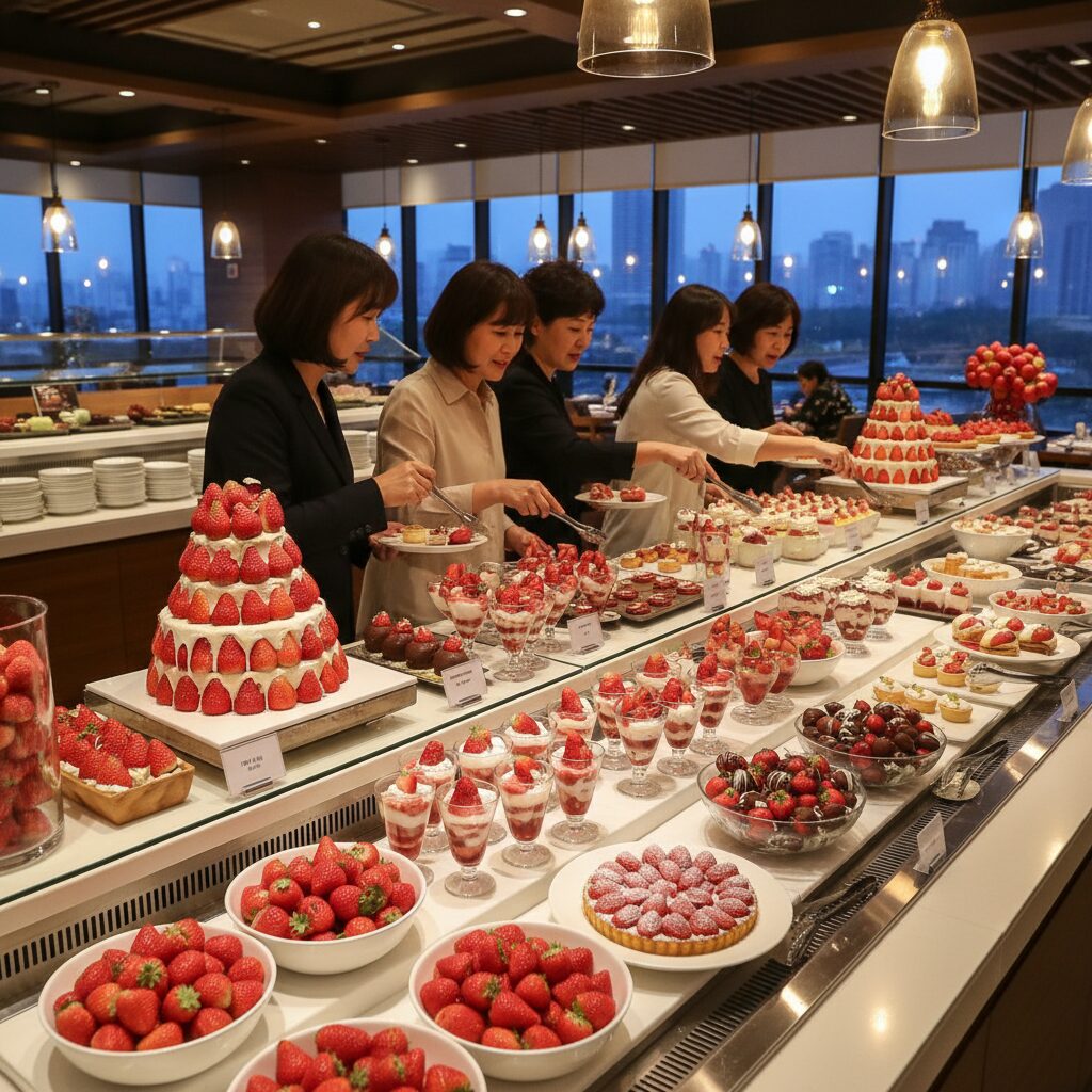 빕스 샐러드바에 진열된 다양한 두바이 딸기 디저트들