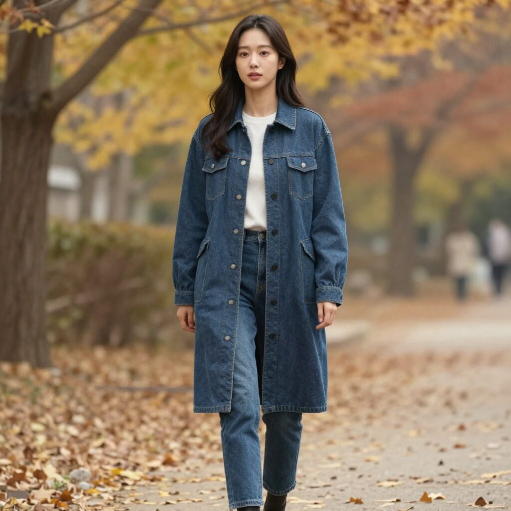 봄 가을에 여자가 얇은 야상 점퍼와 데님 팬츠를 입고 있는 모습