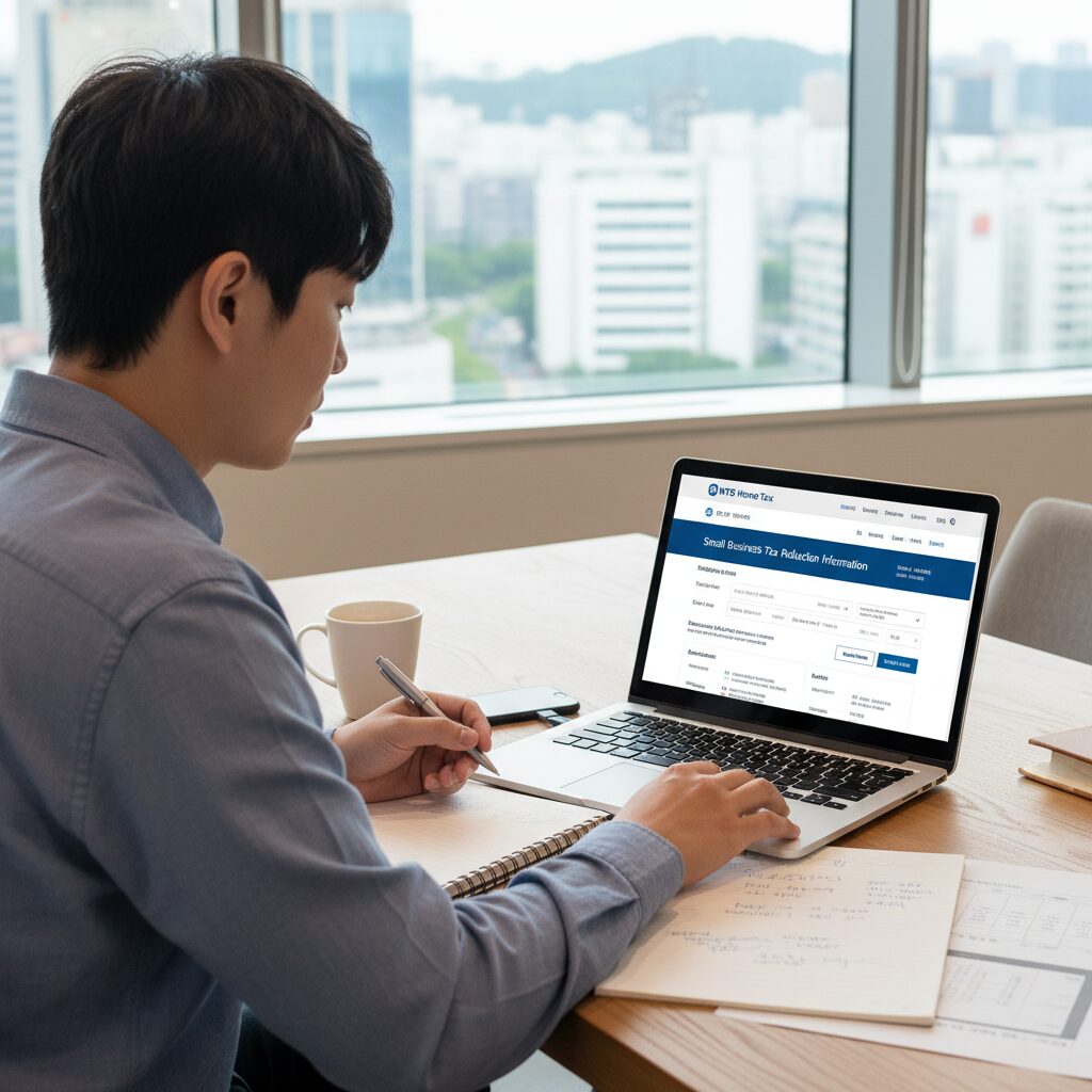 청년 직장인이 노트북으로 국세청 홈택스 화면을 보며 중소기업 세금 감면 정보를 확인하는 모습