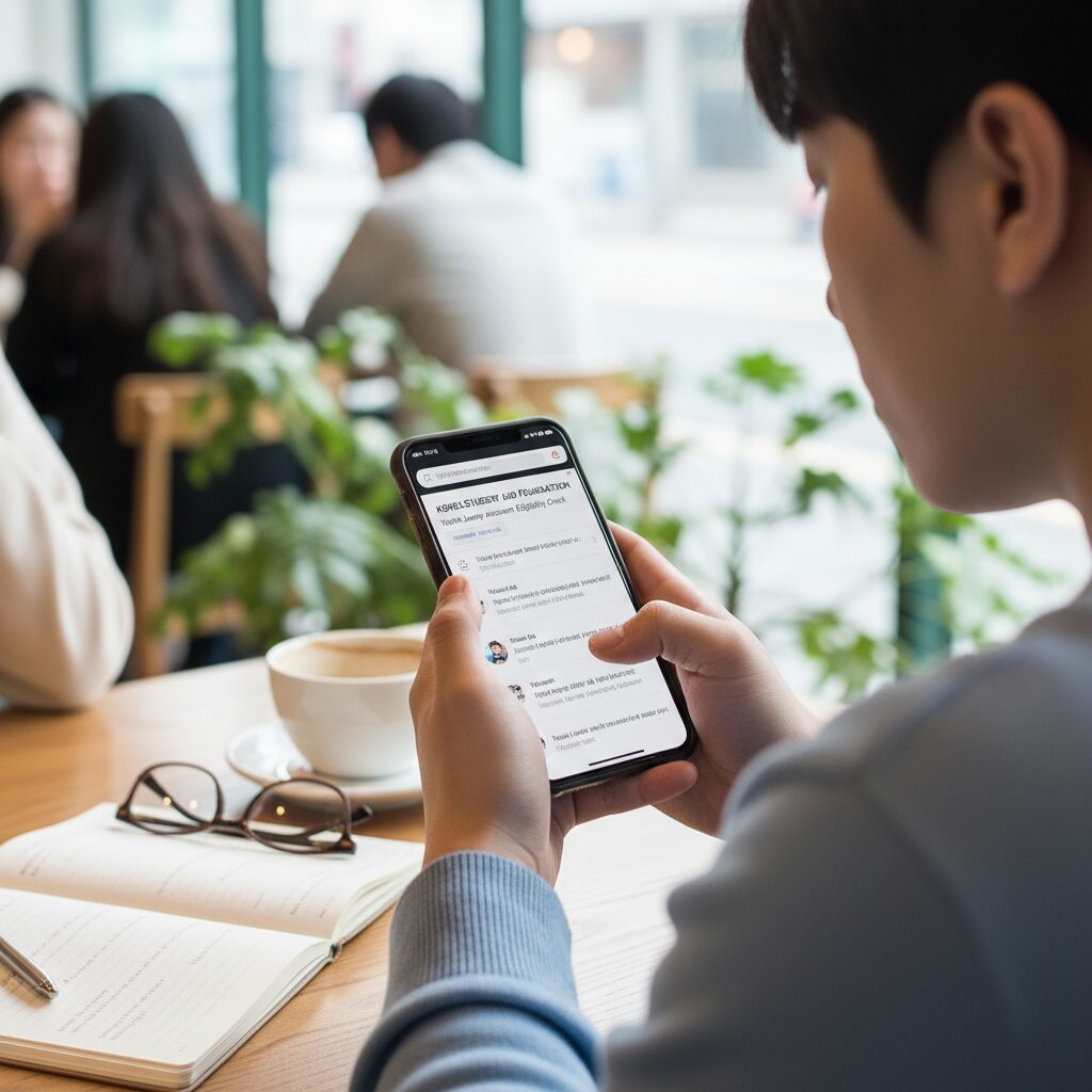 청년도약계좌 자격 확인을 위해 한국장학재단 홈페이지를 검색하는 모바일 화면