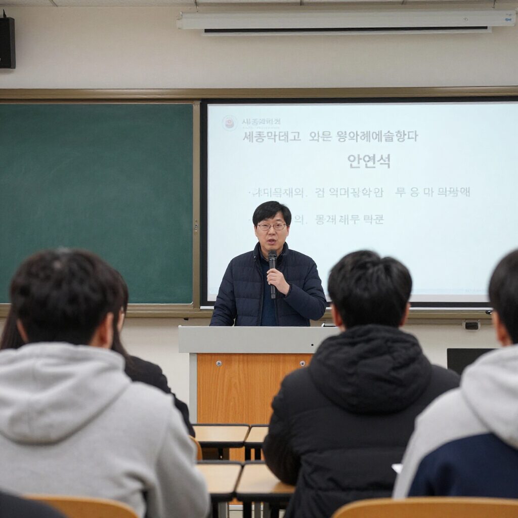 세종대학교 영화예술학과 특임교수 안연석이 강의실에서 학생들과 소통하는 모습