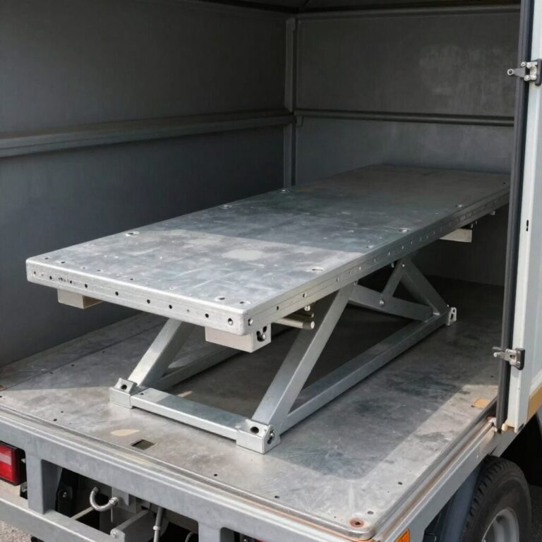 알루미늄 소재의 리프트 테이블 트럭이 팔레트를 들어 올리고 있는 모습