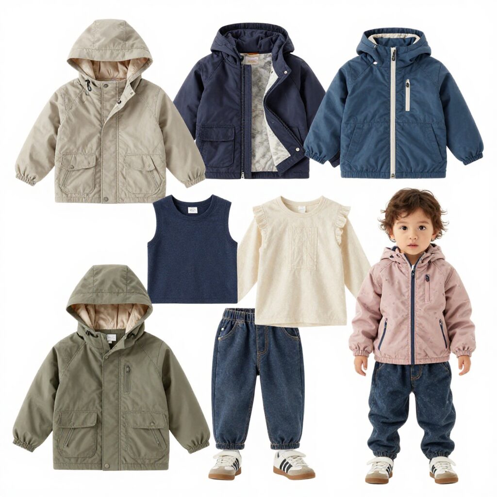 여러 가지 유아 봄 자켓을 걸쳐 놓은 사진으로 스타일별 코디 예시