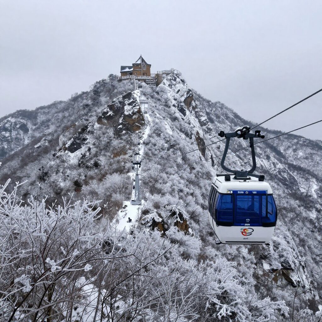 평창 발왕산 케이블카에서 내려다본 눈 덮인 산악 풍경과 드래곤캐슬