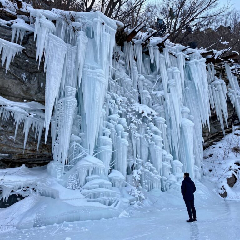 겨울에 얼어붙은 비슬산 얼음동산의 장관을 보여주는 사진