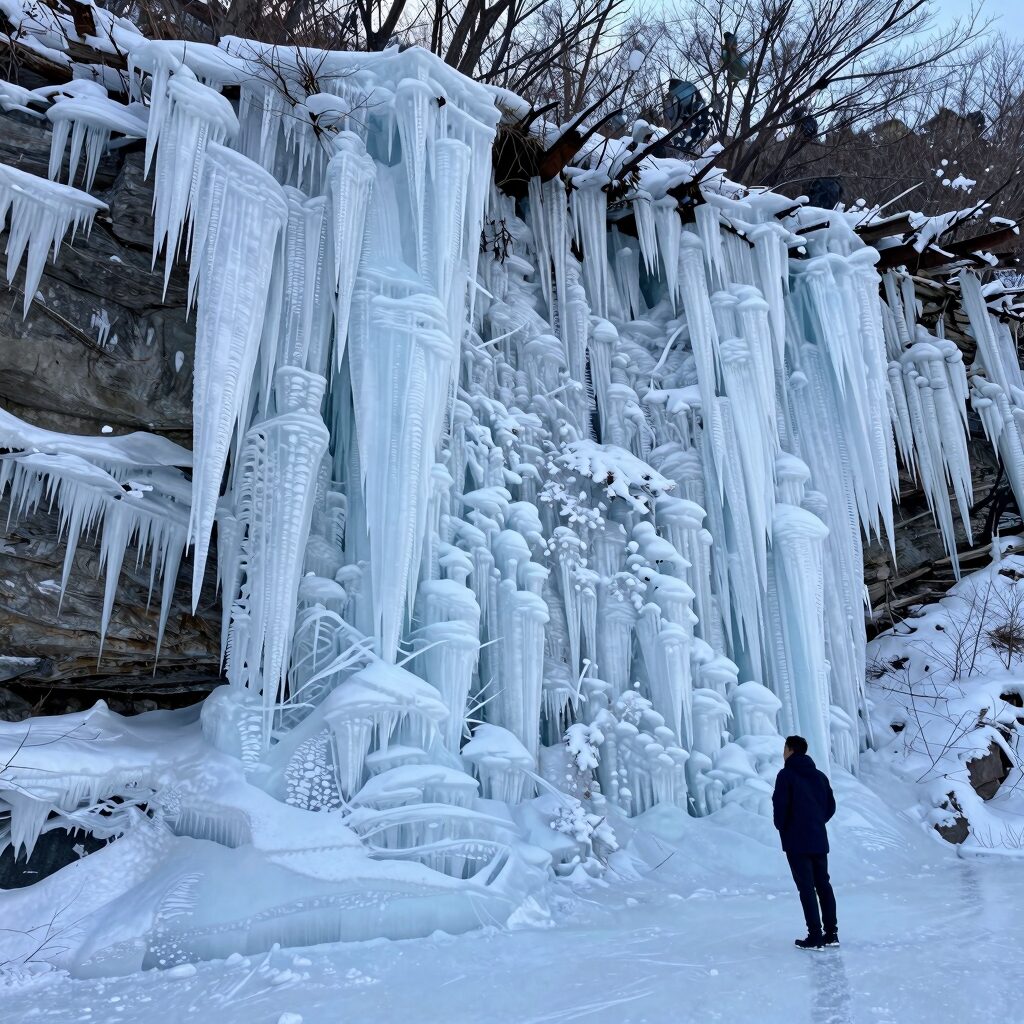 겨울에 얼어붙은 비슬산 얼음동산의 장관을 보여주는 사진