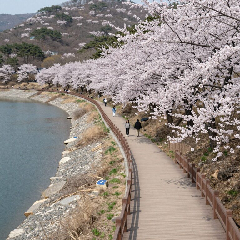 보령댐 물빛공원 봄 벚꽃이 만개한 산책로와 데크길 풍경