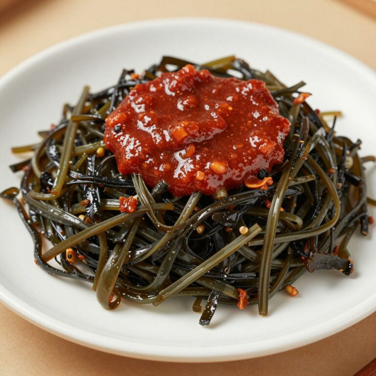 진한 고추장 양념으로 무친 머위나물 무침이 접시에 담겨 있다