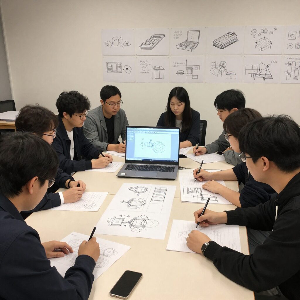 여러 명이 협력하며 아이디어를 스케치하는 캡스톤 디자인 브레인스토밍 장면