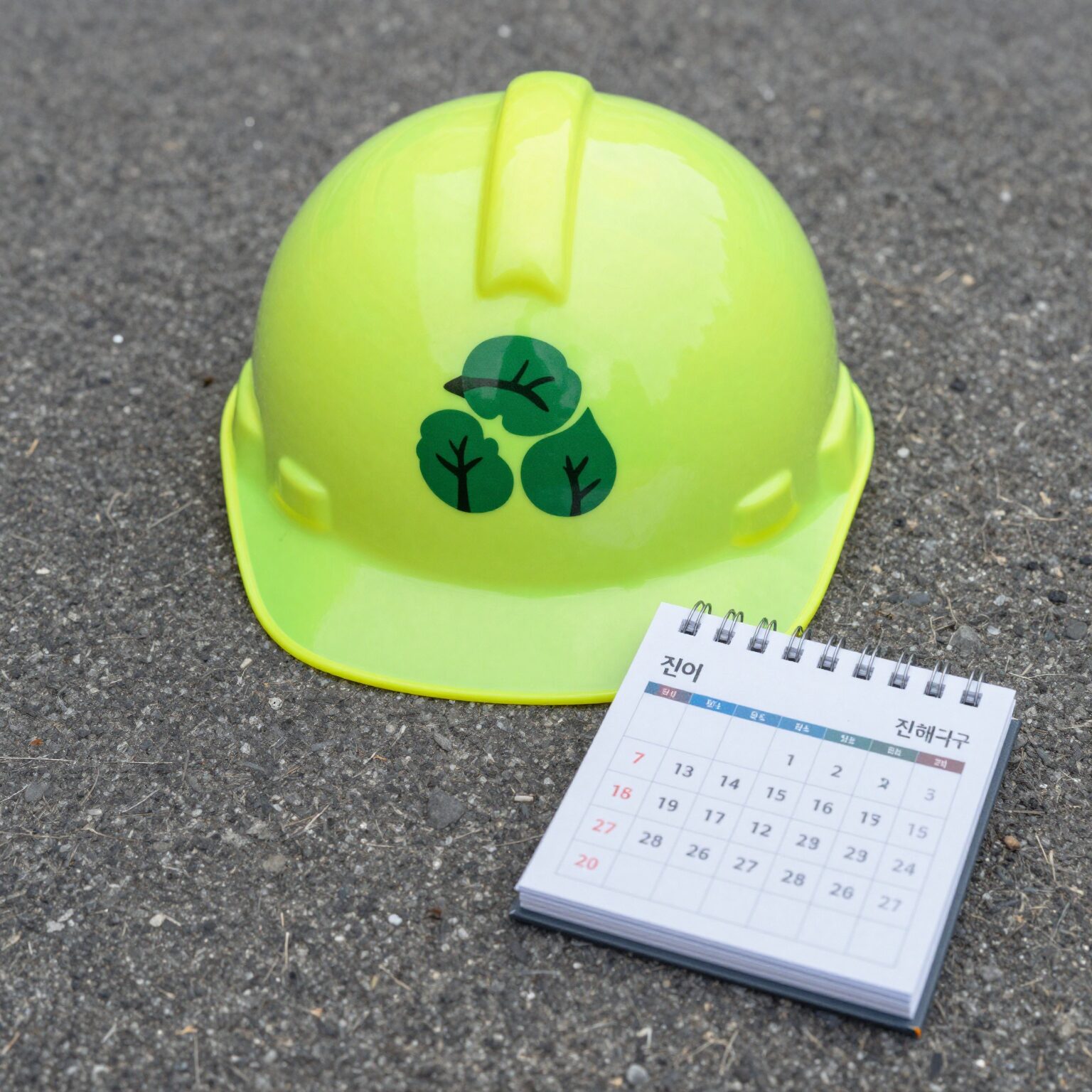진해구 환경캐릭터가 인쇄된 형광색 안전모와 미니 달력