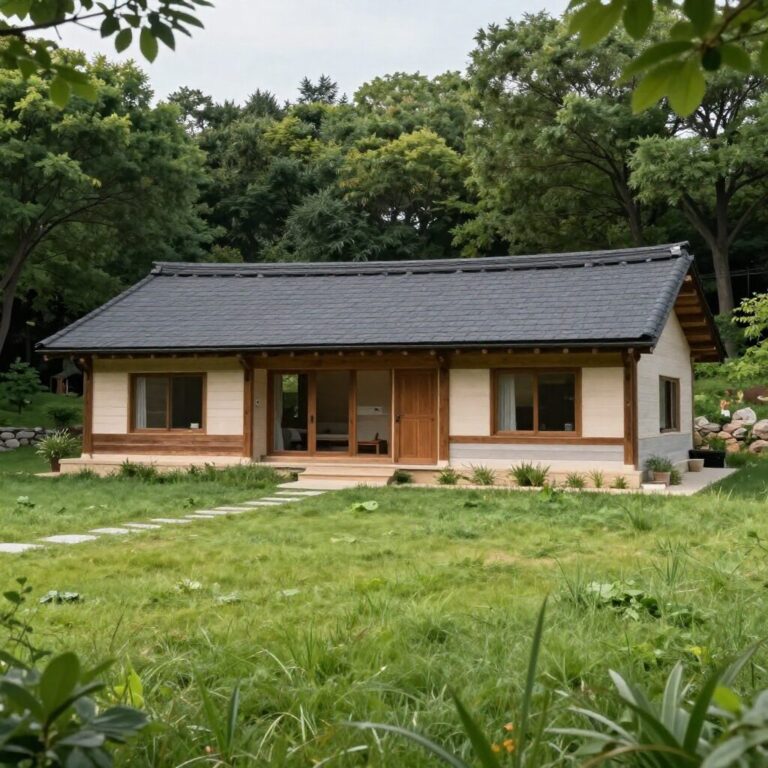 넓은 잔디 마당과 독채형 숙소 외관