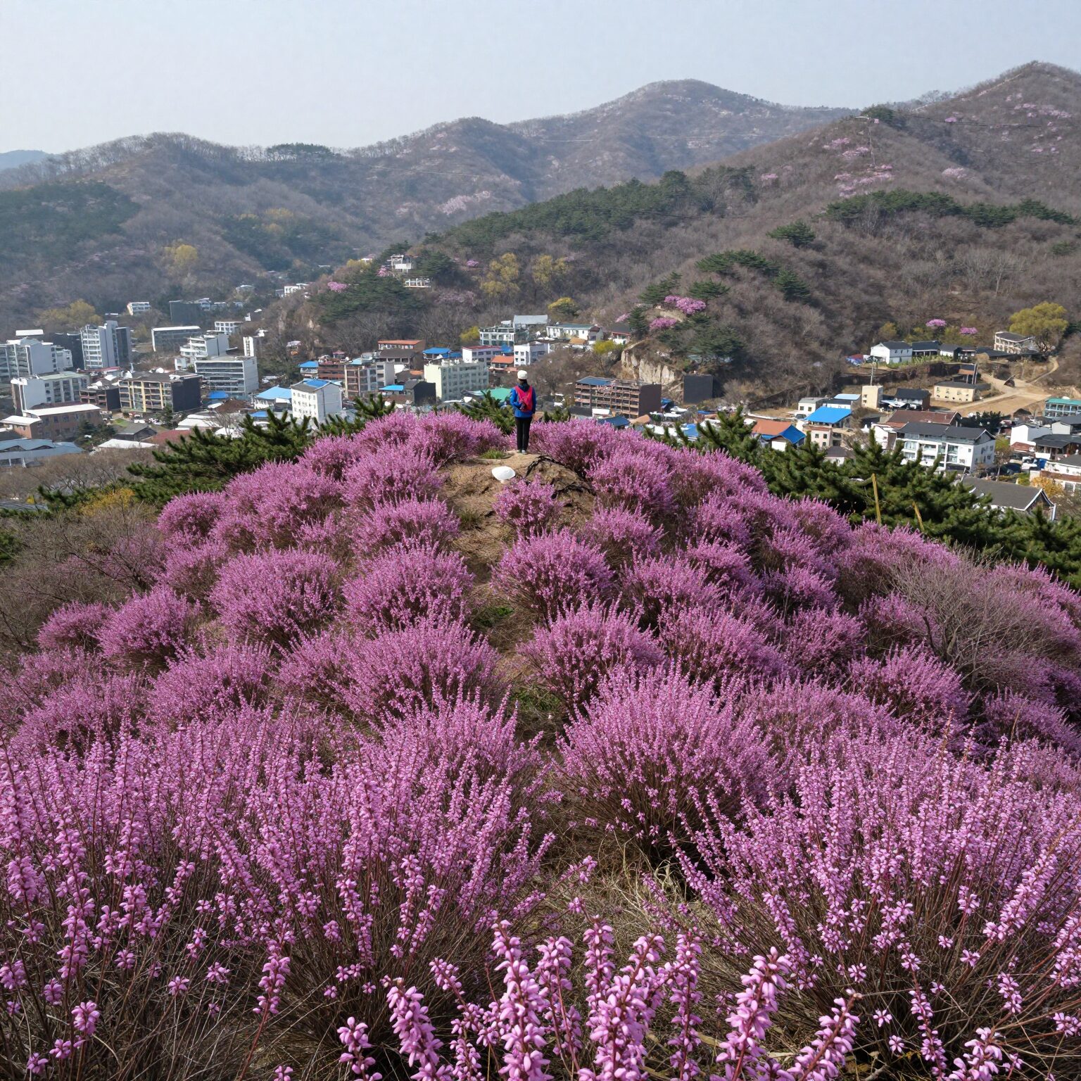 창원 천주산 정상에서 바라본 진달래 군락과 탁 트인 조망