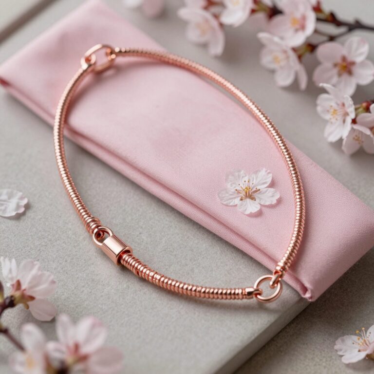 핑크골드 벚꽃 목걸이가 고급진 패키지와 함께 놓여 있는 모습