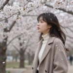 바람에 흩날리는 벚꽃잎과 따뜻하게 옷을 레이어드한 사람
