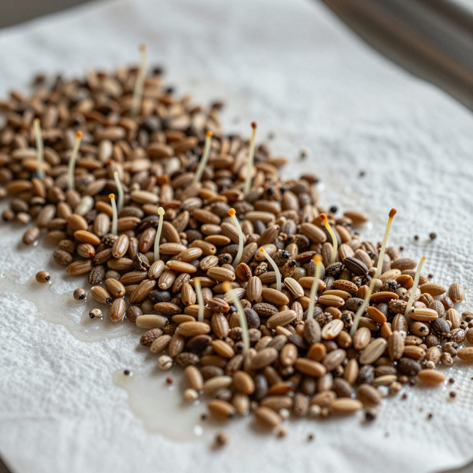 체리 씨앗 발아 과정을 보여주는 사진, 젖은 키친타월에 싸인 씨앗과 작은 뿌리가 나온 모습